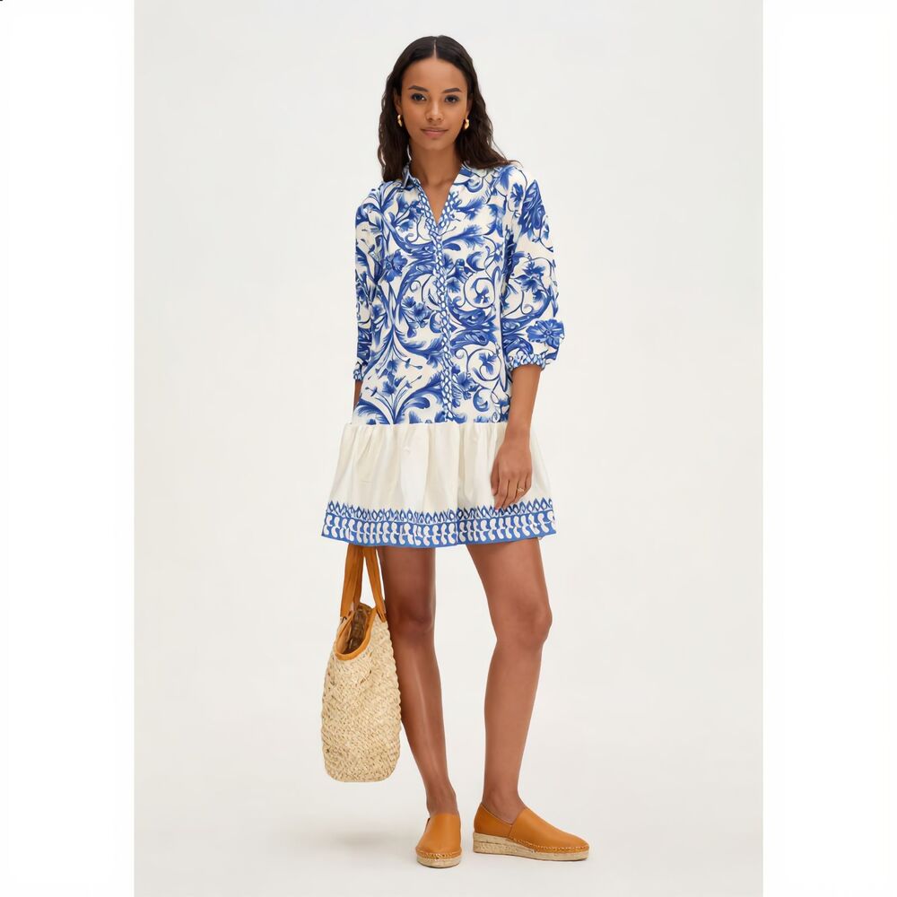 Lina Tomei Made in Italy Blue White Porcelain Print Tunic Dress Size S